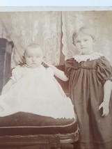 Antique Adorable Baby Pouty Mouth &amp; Little Girl in Fancy Dress Cabinet Photo - £12.34 GBP