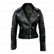 New Woman&#39;s Black Silver Spiked Studded Brando Cowhide biker Leather Jac... - £263.77 GBP