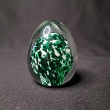 Green White Speckled Mottled Egg Shaped Art Glass Paperweight - $11.87