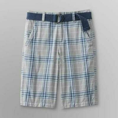 Boys Shorts Route 66 Adjustable Waist Belted Blue Plaid Flat Front-size 10