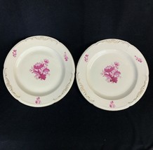 Pair Vintage Royal Bayreuth China Dinner Plates Pink Floral Gold Gilt Tr... - $20.97