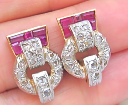 Vintage Retro .75ctw Rose Diamond Ruby 18K Platinum Clip Huggie Earrings 1940 - £1,831.71 GBP
