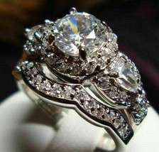 3.25Ct Round Cut White Diamond Engagement Wedding Ring Set 14k White Gold Finish - £76.05 GBP