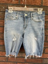 Blue Denim Mom Shorts Size 2 Mid Rise Bermuda Stretch Denim 5 Pocket Raw... - $5.70