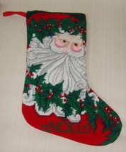 Santa Noel Christmas With Poinsettia Needlepoint Stocking Vintage - £15.50 GBP