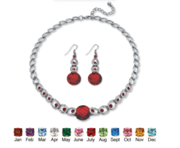 Round Simulated Birthstone January Garnet Necklace Drop Earrings Set Silvertone - £78.30 GBP