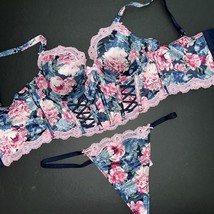 Victoria&#39;s Secret Longline 34C Bra Set L Thong Navy Blue Pink Peony Floral Lace - £70.95 GBP
