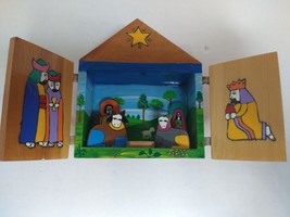 Wooden Nativity Scene Set One Piece El Salvador Hand Painted Christmas Holiday - £27.75 GBP
