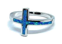 ADIRFINE 925 Sterling Silver Blue Opal Cross Ring 925 - £37.84 GBP