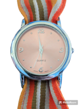 Womens Wristwatch Orange &amp; White Striped Snap Band Round Face New Battery Quartz - £20.92 GBP