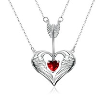Angel Wing Necklace Layered Chain Garnet Heart Gemstone Engagement Pendent - £191.80 GBP