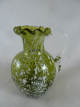 Vintage Blown Glass 4&quot; Mini Pitcher Green with White Splatter Glass - $12.46
