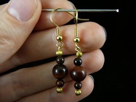 EE479-7) 10 and 4mm Red tiger&#39;s eye tiger-eye gemstone  dangle earrings gold - £9.74 GBP