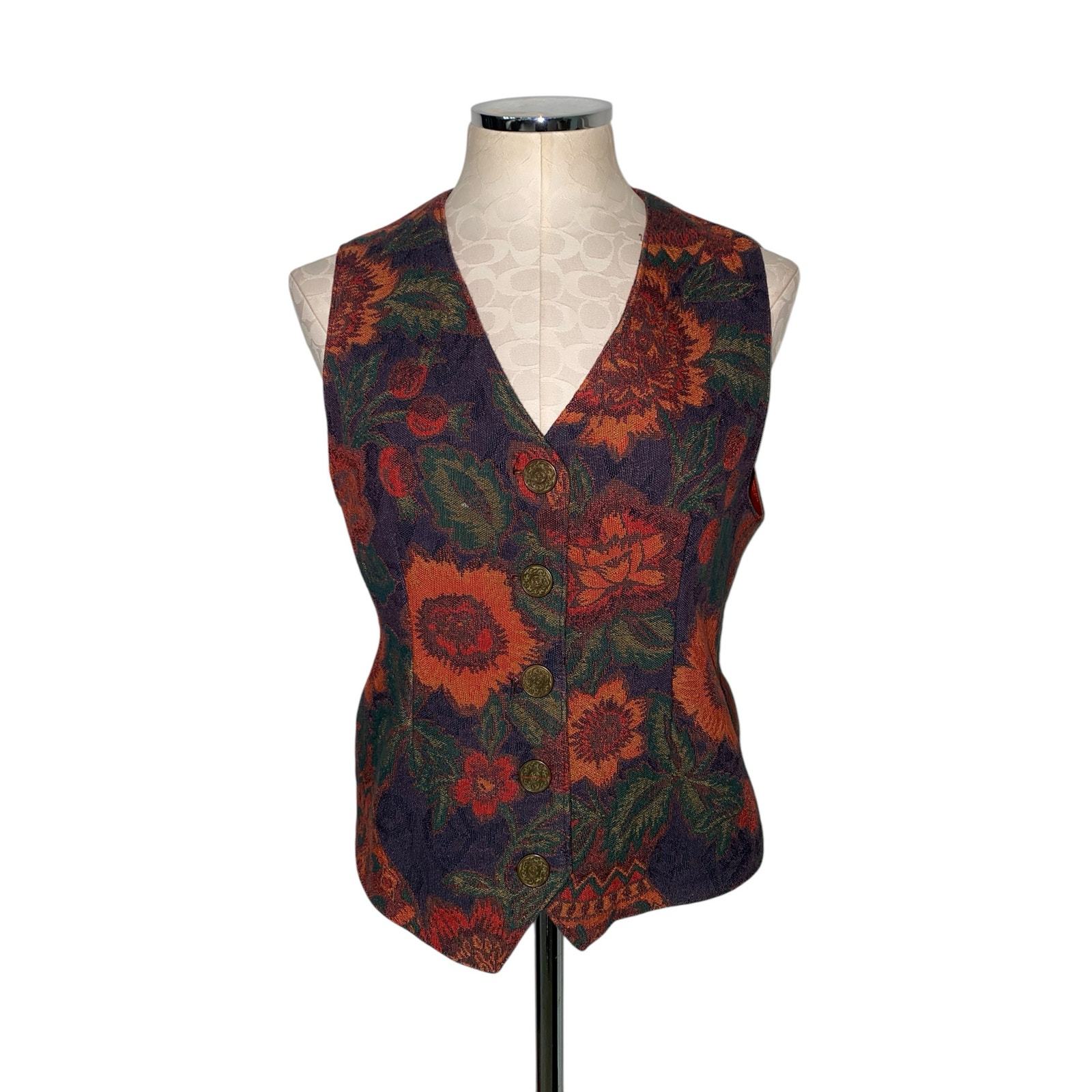 Vintage Ruff Hewn Floral Tapestry Sleeveless Rust Red Vest Waistcoat Siz... - $36.70
