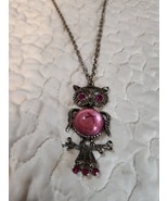 Pink Stone Owl Pendant Necklace Long 28&quot; Chain Nice Vintage - €16,09 EUR