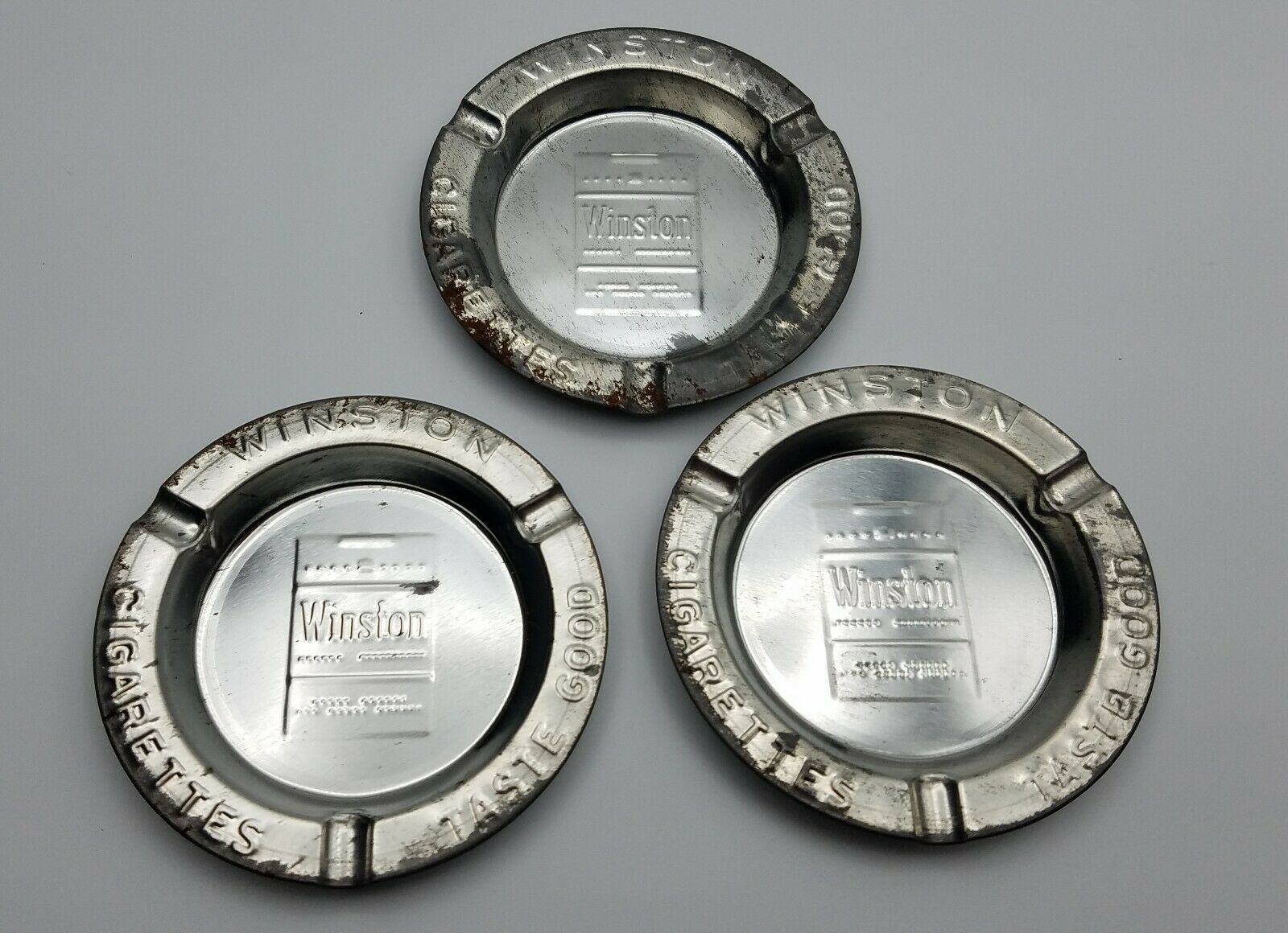 WINSTON CIGARETTES TASTE GOOD Vintage Tin Metal Ashtrays 3.5" SET OF 3 Free Ship - $16.78