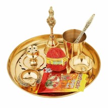 Pure Brass Gold Special Puja Arti Thali Set of 9 Items Us - £22.46 GBP