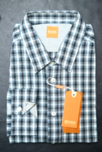 HUGO BOSS Uomo Cliffe Slim Fit Blu / Grigio Quadri Cotone Sport Camicia L - £38.70 GBP