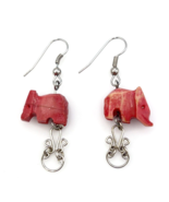 Artisan Hand Carved Pink Stone Elephant Dangle Pierced Earrings - $19.80