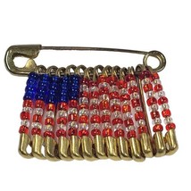 Vintage Safety Pin Flag Brooch Seed Beads Red White Blue American USA Patriotic  - £4.02 GBP