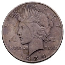 1934-S $1 Silver Peace Dollar in Fine+ Condition, Light Gray Color Strong Detail - $57.16