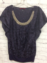 Velvet Womens Blouse Black Floral Flutter Sleeve Scoop Neck Beads Pleated S - $6.43