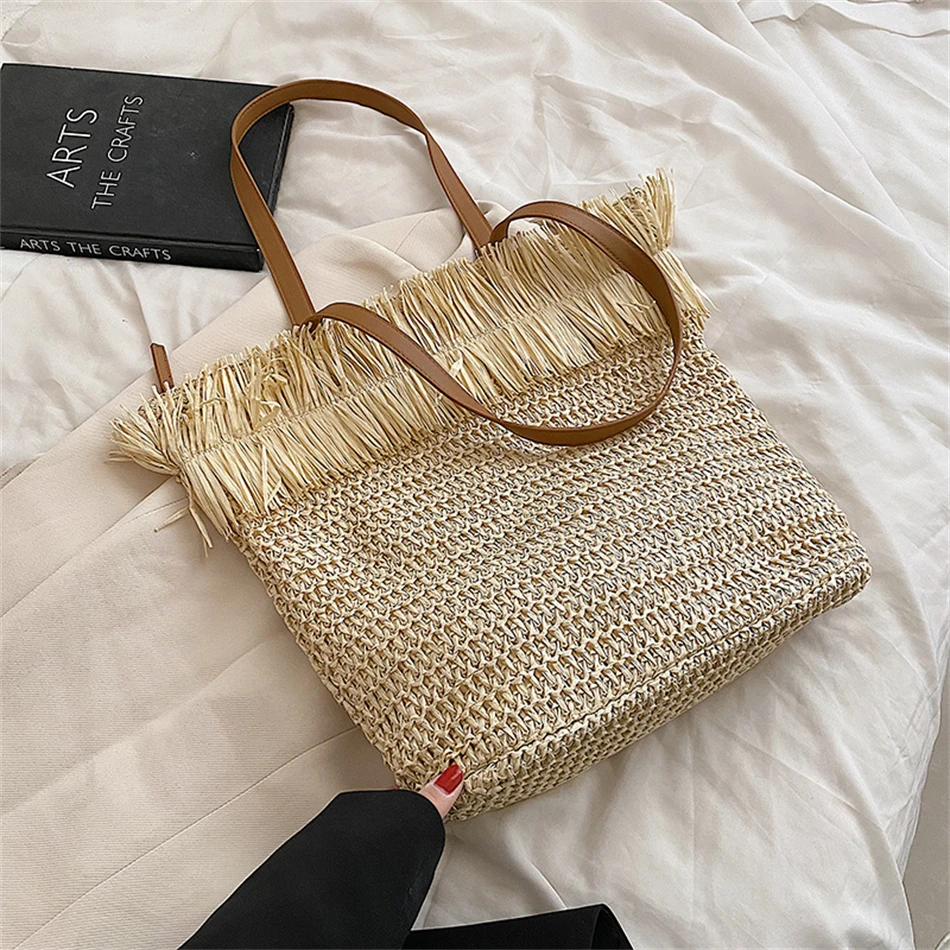 Handmade Large Capacity Rattan Gr Woven Women Handbag 2023 Summer Boho Vintage B - $187.95