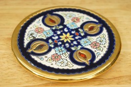 Signed CEMAR Handmade Ceramic Spanish Art Gold Floral Round Tile Trivet - £19.65 GBP