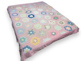 Vtg Grandmother’s Hexagon Flower Garden Quilt Hand Sewn Pink Calico Feedsack - £188.90 GBP
