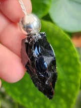 Raw Obsidian Pendulum Dowser Crystal Gemstone Knapped Dragon Glass Dowsing &amp; Bag - £14.57 GBP