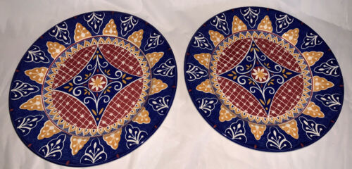 Primary image for Pair of Pier 1 Vizcaya 10" Dinner Plate Plates Unused Blue Orange Patterned