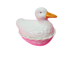 Vintage Ceramic White Duck Nesting On Basket  2 Piece Trinket/Candy Dish  - £9.52 GBP