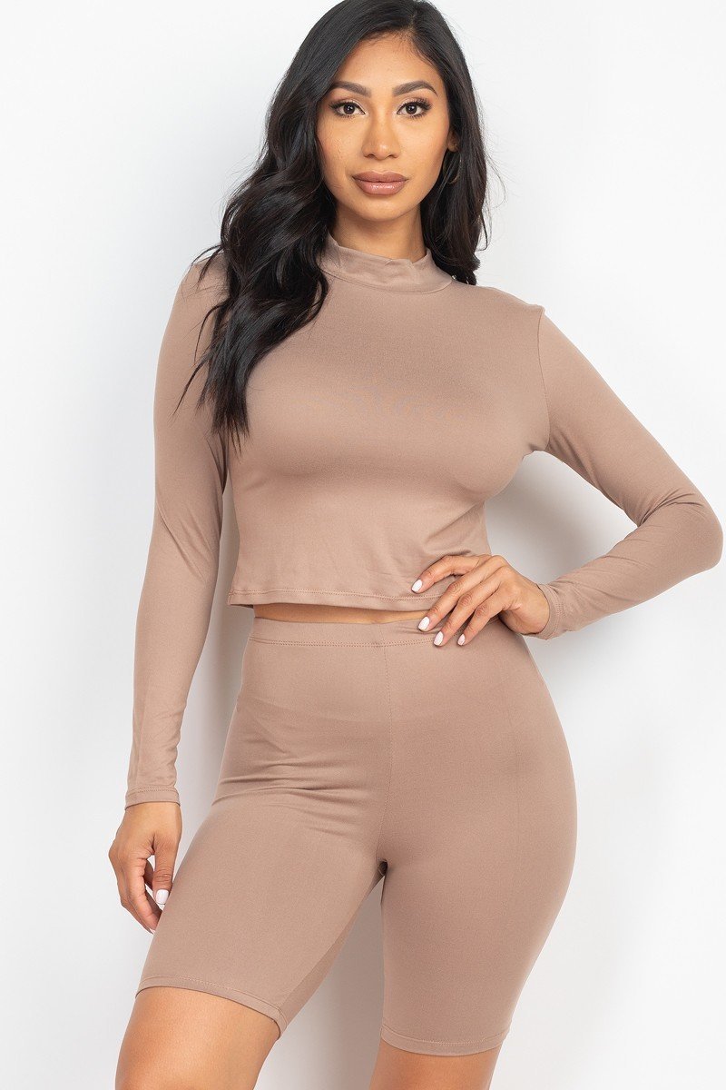 Taupe Grey 2pcs Mock Neck Long Sleeve Top &amp; Biker Shorts Activewear Set - $12.00