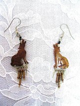 Howling Wolf Coconut Shell Wolves Pair Of Earrings W Bronze Tassel Beads - £6.68 GBP