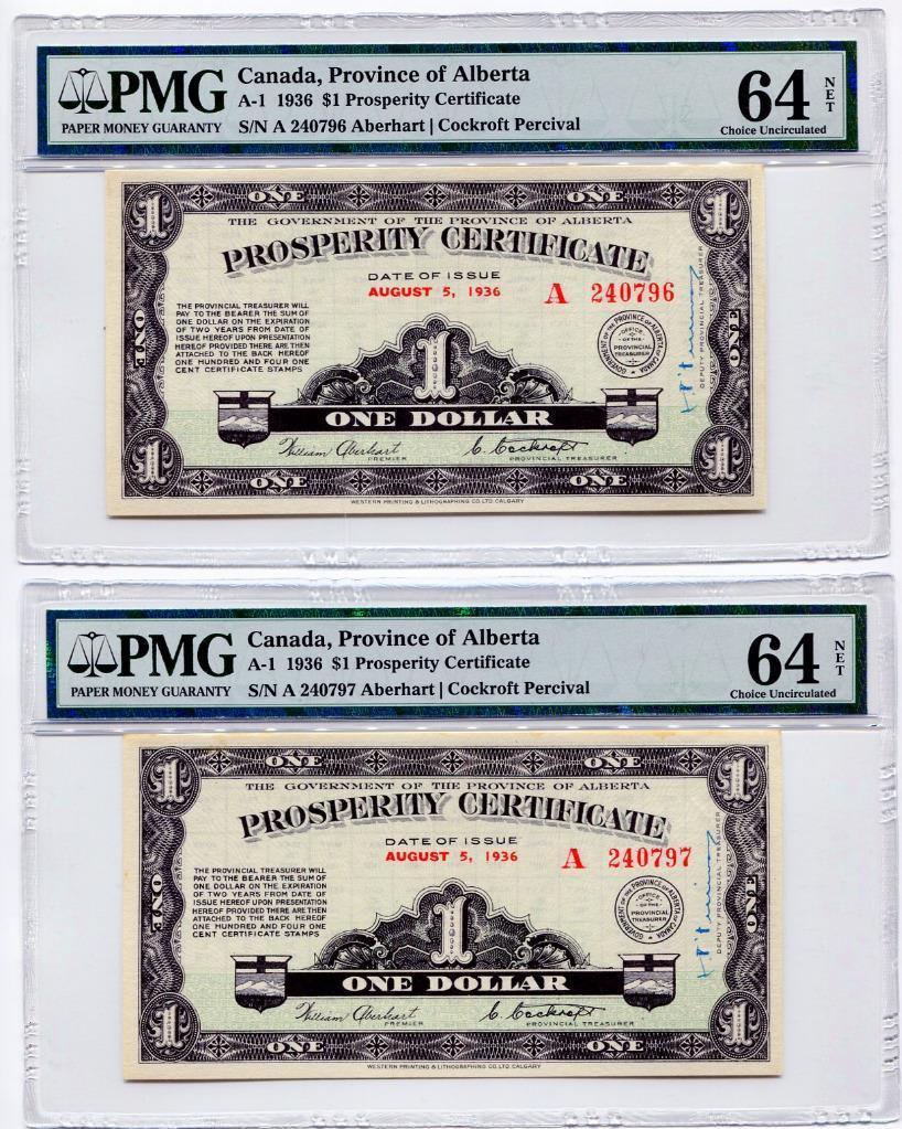 2x CONSECUTIVE SERIAL NUMBER 1936 Alberta Prosperity Certificates CH Unc 64 - $749.99