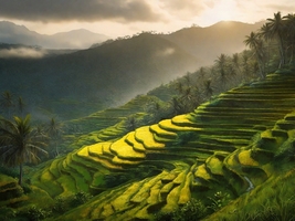 Tropical Paradise: A Vibrant Oil Painting of Rice Terraces - $500.00