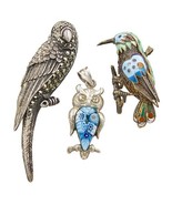 VINTAGE STERLING SILVER, GLASS &amp; ENAMEL 3 BIRD BROOCHES - PARROT, OWL, B... - $257.88 CAD