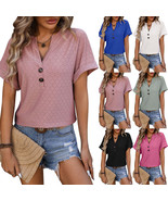 New Hollow Circle Design T-shirt V-neck Button Solid Color Short-sleeved... - £7.80 GBP+