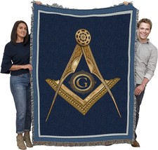 Masonic Gold Sq. And Compass Blanket, A Cotton Tapestry Throw Woven In The Usa - $77.98