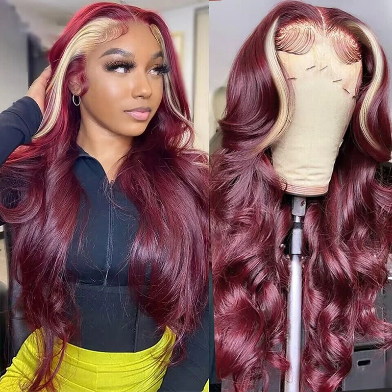 Burgundy 99j Red With 613 Blonde Stripe Lace Front Wig Pre Plucked 13x4 La - £104.93 GBP+