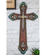 Rustic Western Cowboy Diamond Teardrop Crystals Tooled Leather Wall Cros... - $474.37 MXN