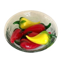Blown Glass Peppers Red Yellow in Fruit Embossed Green Dish Vintage 4" Fruit - $42.08