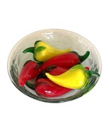 Blown Glass Peppers Red Yellow in Fruit Embossed Green Dish Vintage 4&quot; F... - £31.42 GBP