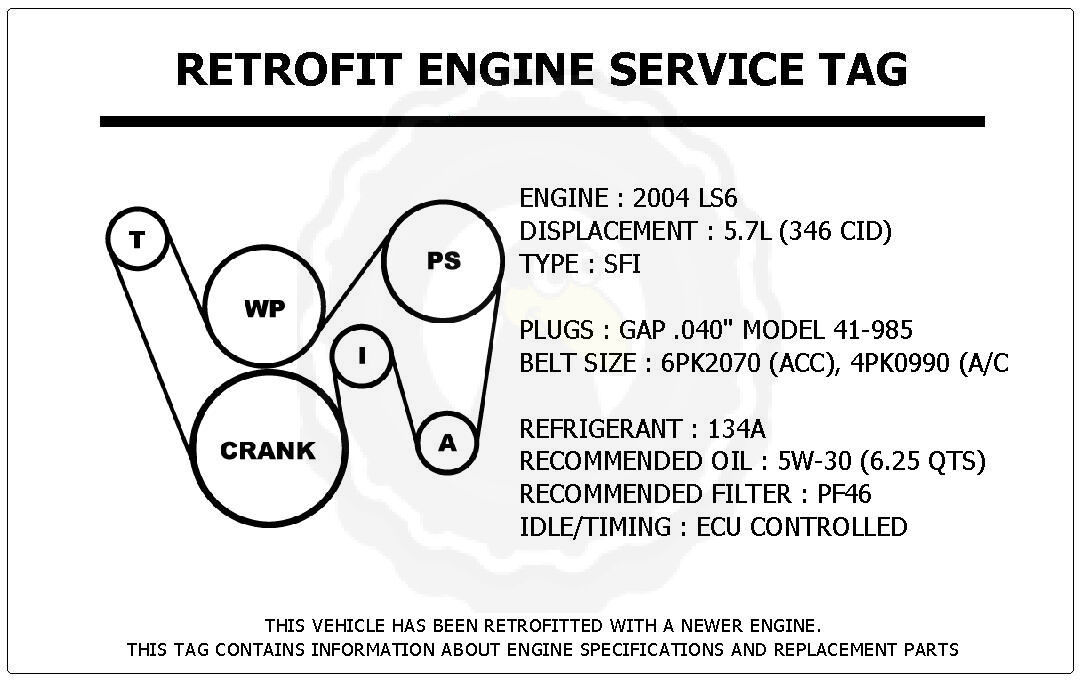 2004 LS6 5.7L CTS-V Retrofit Engine Service Tag Belt Routing Diagram Decal - $14.95