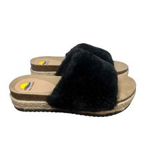 Maui Island Black Faux Fur Platform Wedge Slide Sandals Slippers Cork Fo... - $24.74
