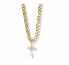 14K Over Sterling Silver Oval Ends Cross With Zirconia Stone Necklace &amp; Chain - £62.92 GBP