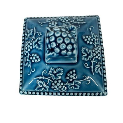 Vintage Enesco Turquoise Pedestal Grapevine Candy Nut Dish with Lid Square Japan Item image 4