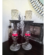 2 Martha Stewart HALLOWEEN Skull Pillar Light Up Candle Holder Gothic Fi... - €72,77 EUR