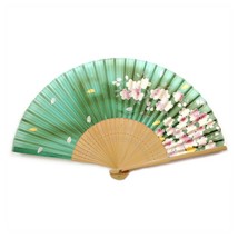 SILK HAND FAN 8&quot; Green Spring Blossoms High Quality Elegant Folding Pock... - $7.95