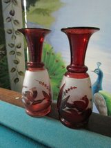 Compatible with Antique Cranberry Red Hand Blown 7&quot; Pair of Bohemian VASES - £82.89 GBP